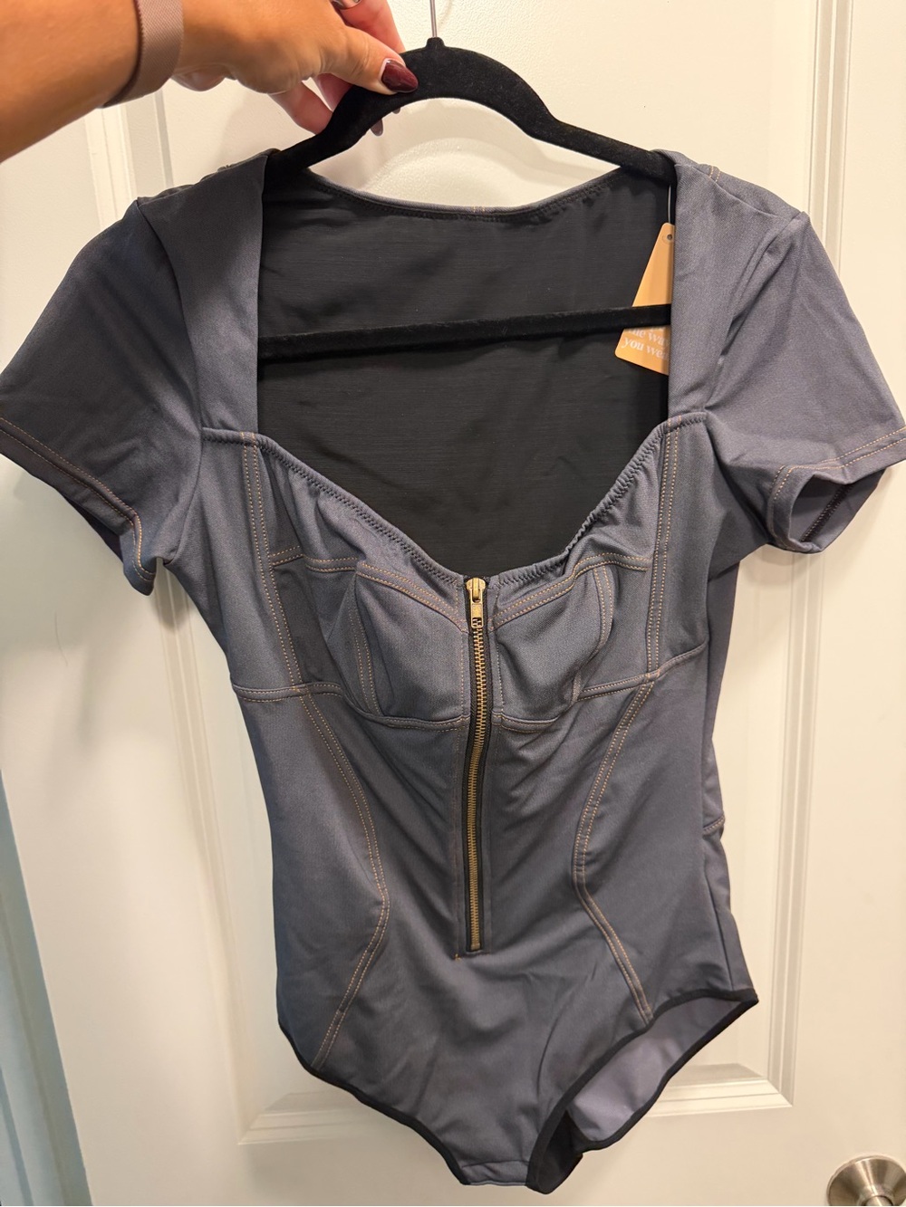 Popilush Women’s Denim Zip-Front Short Sleeve Bodysuit Shapewear